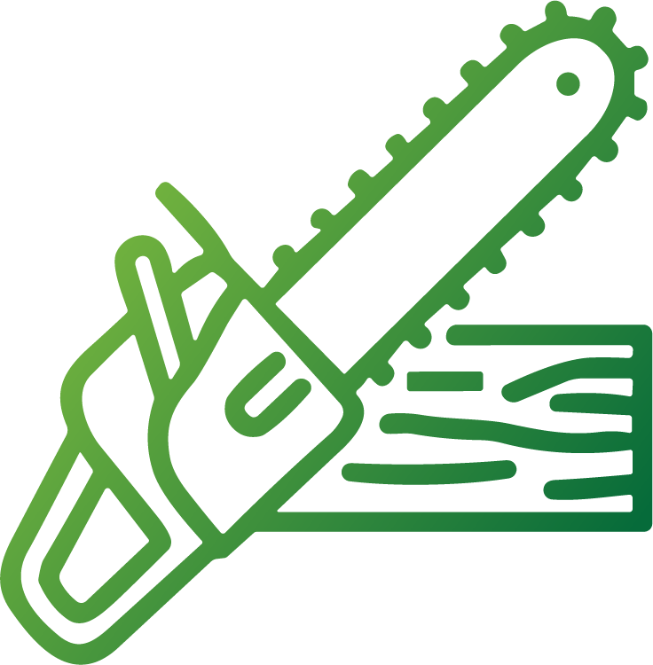 Tree removal line icon showing chain saw and log